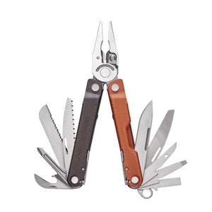 Translation missing: en.Burnt Sienna Leatherman Rebar® multi-tool with pliers and various tools extended, showcasing durable design