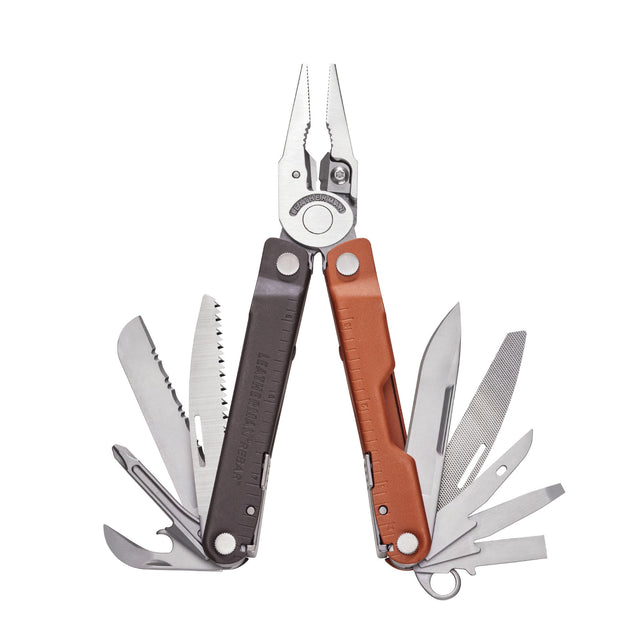 Translation missing: en.Burnt Sienna Leatherman Rebar® multi-tool with pliers and various tools extended, showcasing durable design