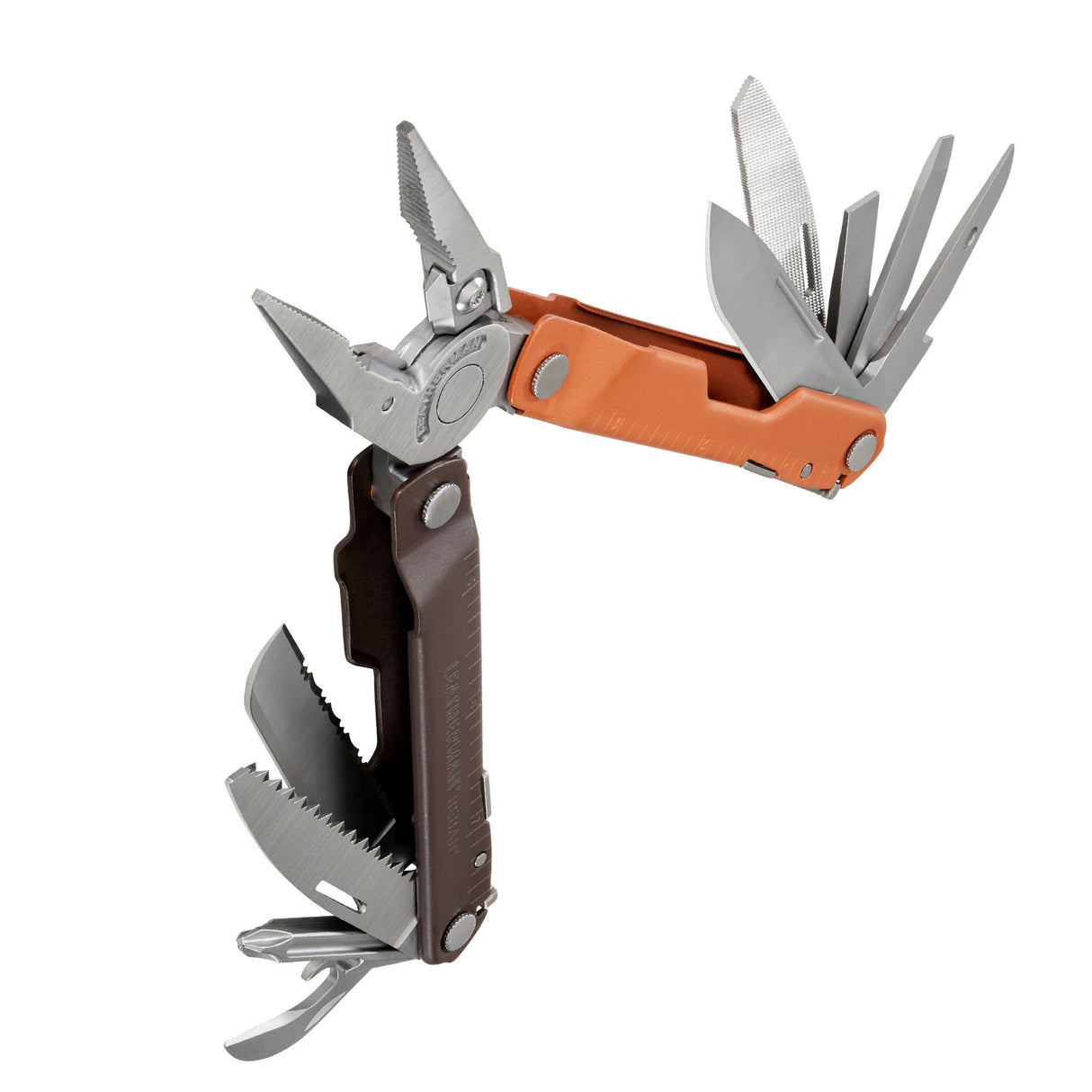 Translation missing: en.Burnt Sienna Leatherman Rebar® multi-tool beauty image showing the various tools and features