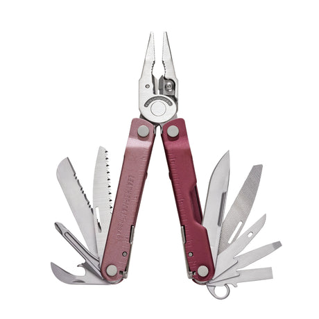Translation missing: en.Heathered Cranberry Leatherman Rebar® multi-tool with pliers and various tools extended, showcasing durable design