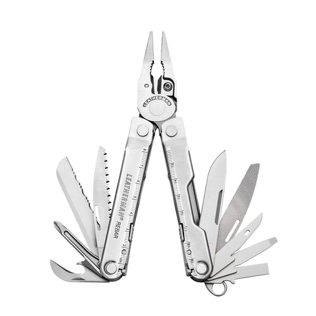 Translation missing: en.Stainless Steel Leatherman Rebar® multi-tool with pliers and various cutting tools displayed open