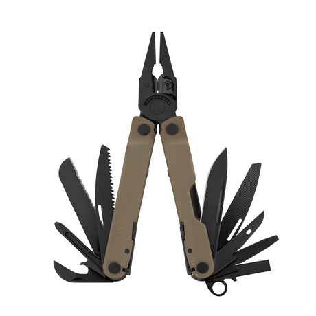 Translation missing: en.Coyote Tan Leatherman Rebar® multi-tool with pliers and various tools deployed