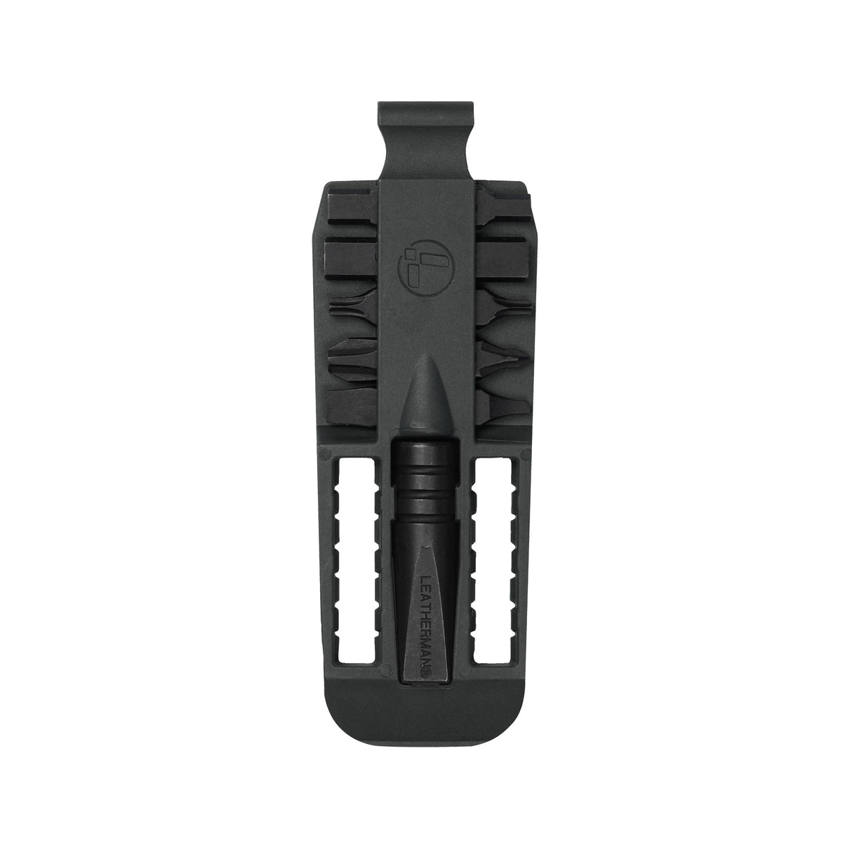 Translation missing: en.A black Leatherman Removable Bit Driver with an assortment of double-ended bits neatly organized in a compact holder. The bits are arranged in two vertical rows, with the driver centered at the bottom. The Leatherman logo is embossed above the driver