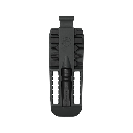 Translation missing: en.A black Leatherman Removable Bit Driver with an assortment of double-ended bits neatly organized in a compact holder. The bits are arranged in two vertical rows, with the driver centered at the bottom. The Leatherman logo is embossed above the driver