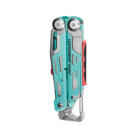 Translation missing: en.Aqua and stainless Leatherman Signal® multi-tool closed, showcasing its compact design
