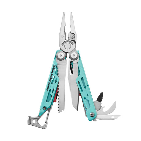 Translation missing: en.Aqua and stainless Leatherman Signal® multi-tool showcasing pliers, blades, and other essential features for outdoor adventures