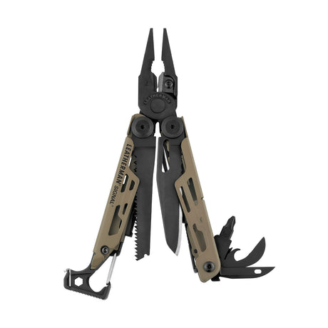 Translation missing: en.Coyote Tan Leatherman Signal® multi-tool showcasing pliers, blades, and other essential features for outdoor adventures