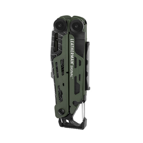 Translation missing: en.Closed green Leatherman Signal multitool with black accents and carabiner clip