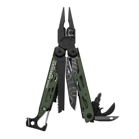 Translation missing: en.Green Leatherman Signal multitool fanned open, showing pliers, blades, saw, bit driver, and carabiner clip