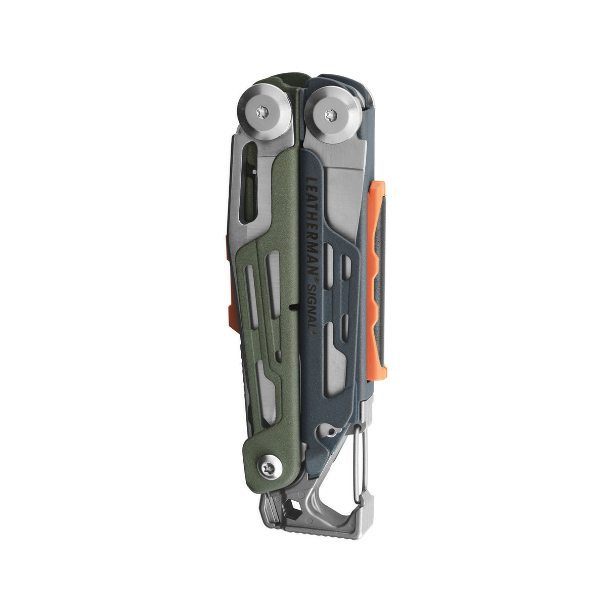 Translation missing: en.Closed Signal® multitool in Tundrascape, shown upright with visible carabiner clip and orange accents