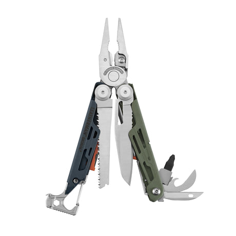 Translation missing: en.Signal® multitool in Tundrascape color, fanned open to show pliers, blades, saw, bit driver, hook, and carabiner
