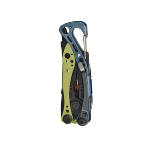 Translation missing: en.Aurora Skeletool Cx compact multitool folded with plier head, carabiner clip, and green and blue handles