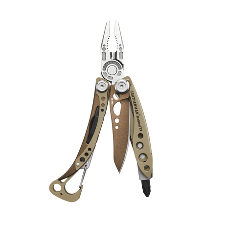 Translation missing: en.Leatherman Skeletool Cx multitool in Sandstorm with open pliers, knife blade, bit driver, and carabiner clip