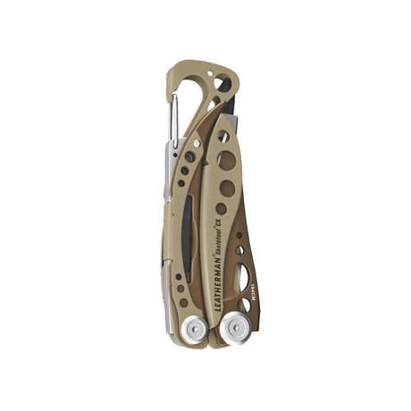 Translation missing: en.Folded Leatherman Skeletool Cx multitool in Sandstorm color with carabiner clip and cutout handles