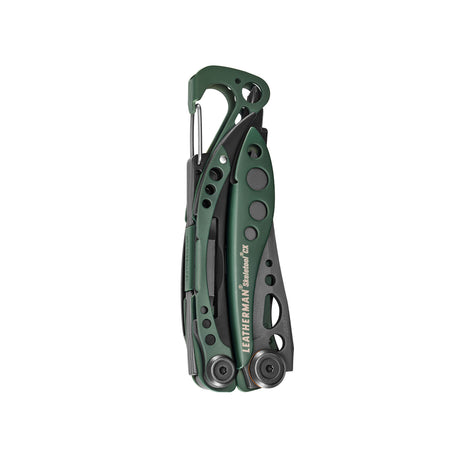 Translation missing: en.Folded Leatherman Skeletool® CX multitool in OD Green with black accents and carabiner clip