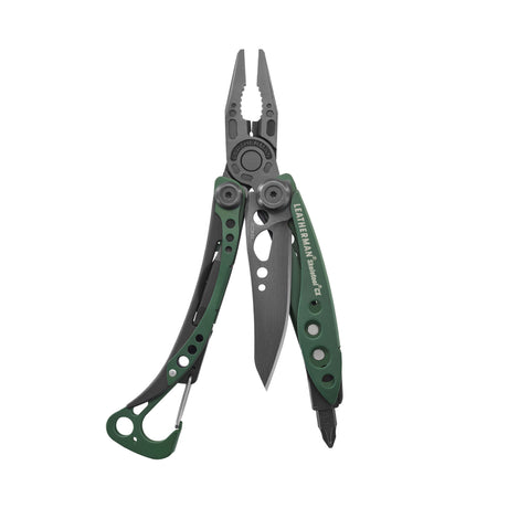 Translation missing: en.Leatherman Skeletool CX multitool in OD Green, open to show pliers, knife blade, and bit driver