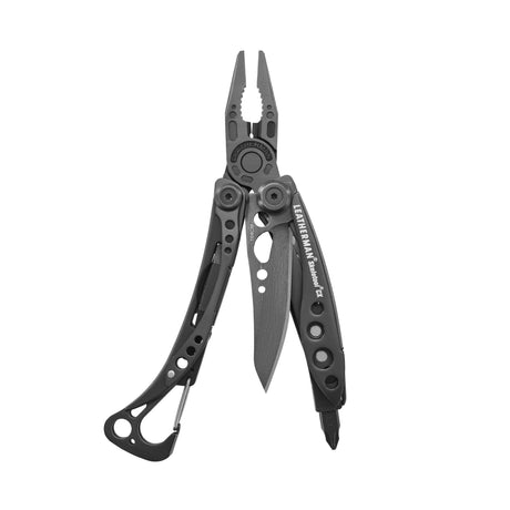 Translation missing: en.Onyx Skeletool® CX multitool with open pliers, knife blade, carabiner clip, and bit driver visible