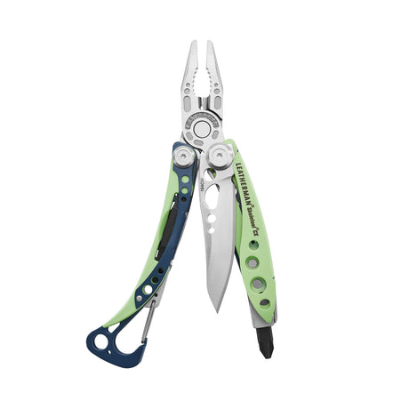 Translation missing: en.Leatherman Skeletool CX multi-tool in Verdant with open pliers, knife blade, bit driver, and carabiner clip
