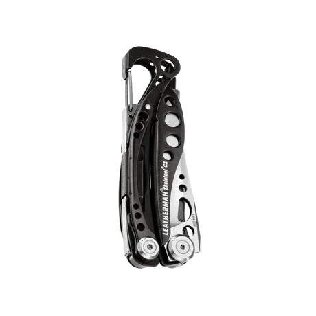 Translation missing: en.Skeletool® CX Black &amp; Stainless multitool closed, showing front side with carabiner clip and cutout handle design