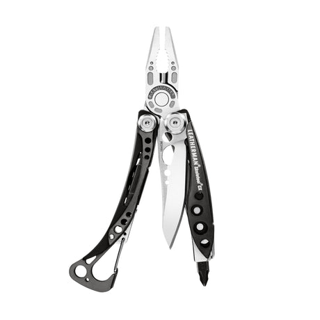 Translation missing: en.Skeletool® CX multitool in Black &amp; Stainless with pliers, knife blade, bit driver, and carabiner deployed
