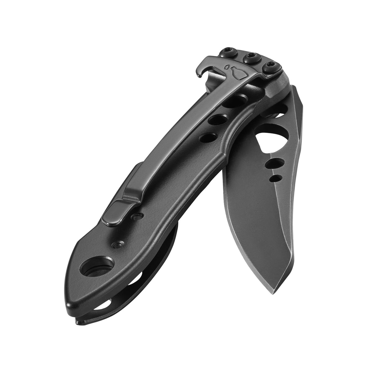 Translation missing: en.Onyx Skeletool® KB folding knife partially open, showing pocket clip and cutout blade