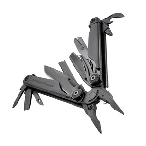 Translation missing: en.Black Leatherman Surge® multi-tool beauty image showing the various tools and features