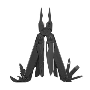 Translation missing: en.Black Leatherman Surge® multi-tool with pliers, blades, and various tools displayed in an open position