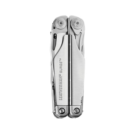 Translation missing: en.Stainless steel Leatherman Surge® multi-tool closed , showcasing its sleek design and compact ability