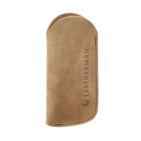 Translation missing: en.A brown suede leather tool sleeve featuring an embossed vertical “LEATHERMAN” logo and the company’s circular emblem near the stitched edge, displayed against a white background