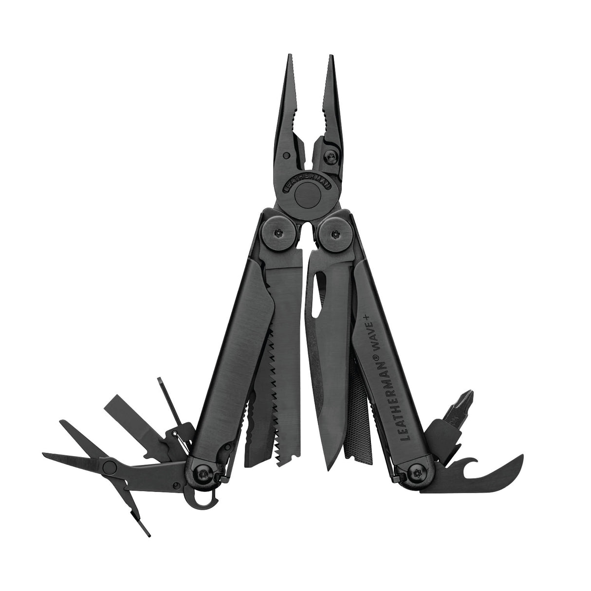 Translation missing: en.Black Leatherman Wave® Plus multi-tool with pliers, blades, and multiple tools displayed in an open position