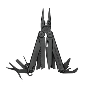 Translation missing: en.Black Leatherman Wave® Plus multi-tool with pliers, blades, and multiple tools displayed in an open position