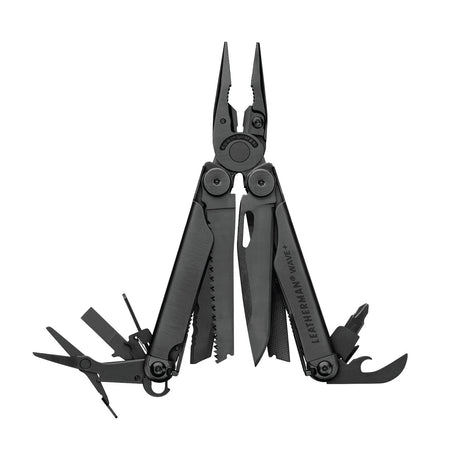 Translation missing: en.Black Leatherman Wave® Plus multi-tool with pliers, blades, and multiple tools displayed in an open position