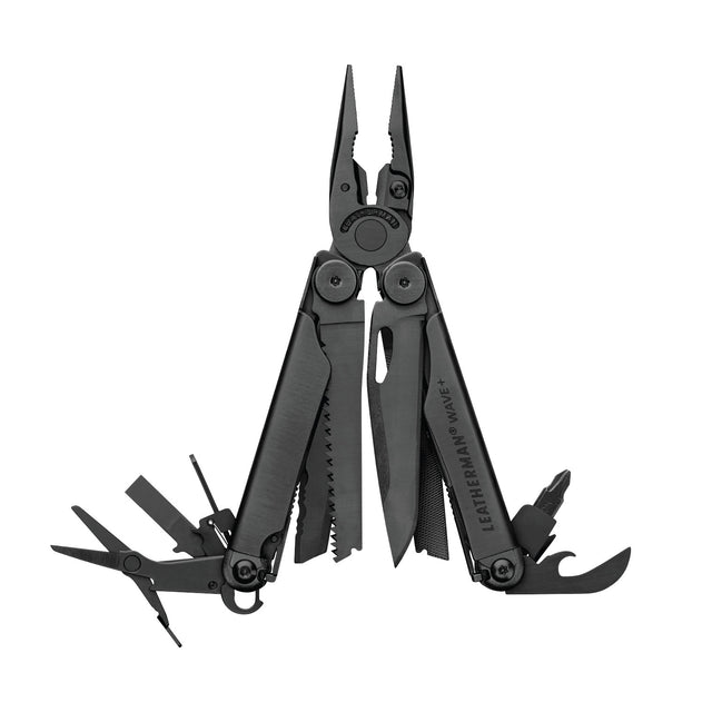 Translation missing: en.Black Leatherman Wave® Plus multi-tool with pliers, blades, and multiple tools displayed in an open position