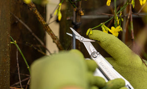Translation missing: en.Close-up of hands using a Stainless Steel Leatherman Wave® Plus scissors to cut a zip tie in a garden
