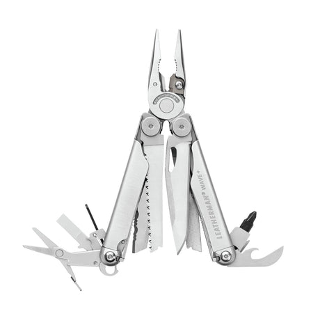 Translation missing: en.Stainless steel Leatherman Wave® Plus multi-tool with pliers and various blades, ideal for DIY, home repairs, and jobsite use